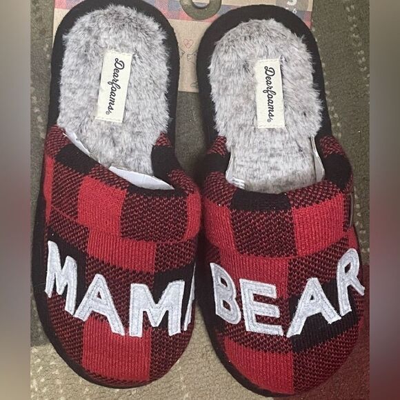 Dearfoams Red Buffalo Check “Mama Bear” Slippers Cozy Faux Fur Clog NWT - Picture 1 of 8